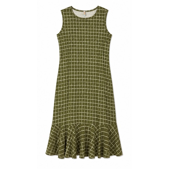 Unbranded Dresses & Skirts - Unbranded Women Olive Green Windowpane Grid Ruffle Hem Midi Dress M